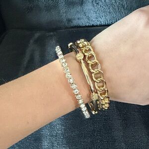 Graziano Gold Tone Chain, Tennis, Bangle Bracelet Set of 3 Clear Round Stones